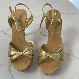 Fredericks Gold Sandal with Faux wood heel and platform